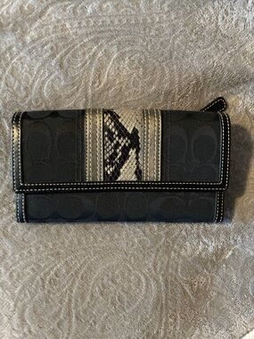 Coach Black Signature Continental Trifold  Wallet with Snakeskin stripe Accent